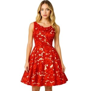 Lavia red Cherry Girl floral print designer sleeveless fit and flare dress sz XS